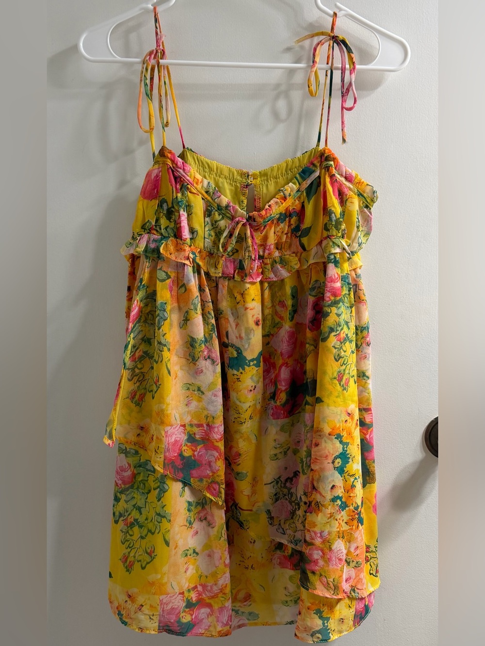 Babydoll Yellow Floral Sundress with Tie Spaghetti Straps